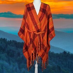 Vince Camuto Orange Plaid Fuzzy Soft Poncho Cape with Belt